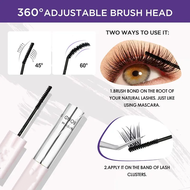 ✨ Waterproof Lash Cluster Glue – Bond & Seal, Black Adhesive for 72H Natural Hold, Latex-Free