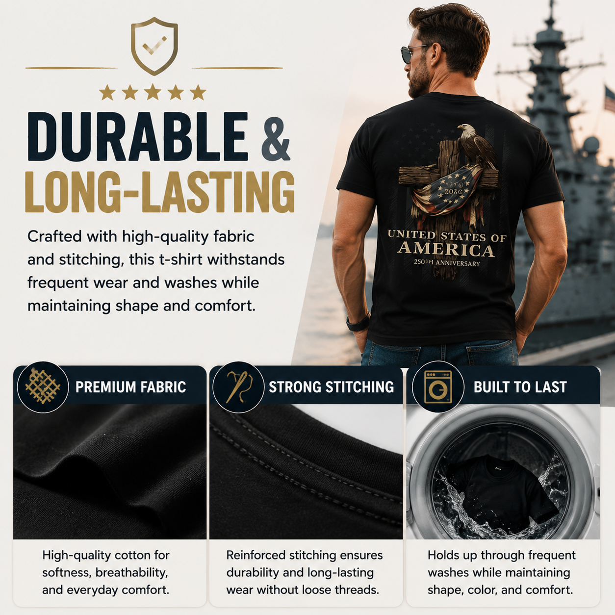 250 Years of Navy Service T-Shirt – Patriotic Nautical Tee with American Flag & Eagle Symbols